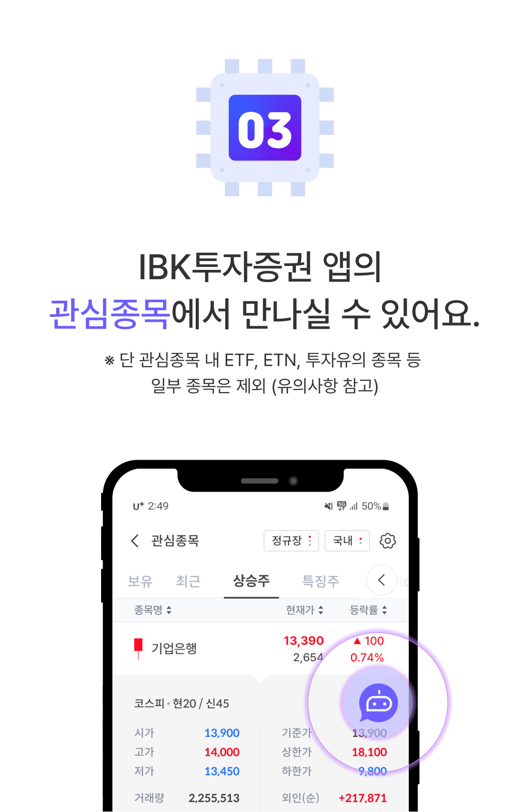 03. IBK투자증권 앱의 관심종목에서 만나실 수 있어요.
